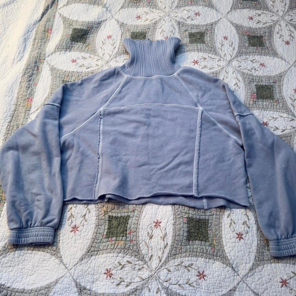 Aerie Periwinkle Blue Fleece Cropped Boxy Mock Neck Balloon Sleeve Pullover XS